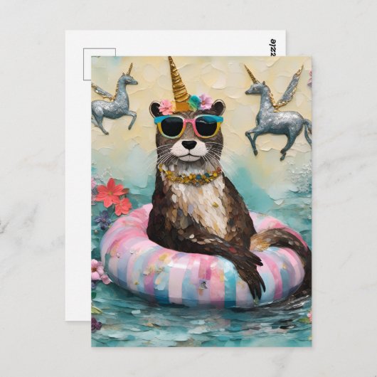 Whimsical Otter and Unicorns Floating on a River Postkarte (Vorne/Hinten)