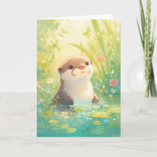 Whimsical Otter in einem blühenden Teich Karte