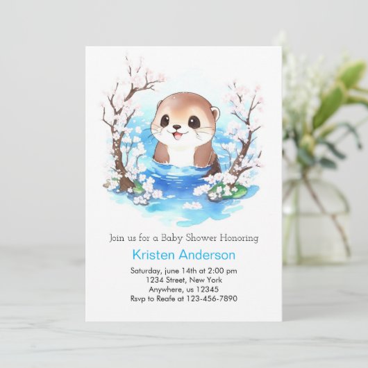Whimsical Otter Paradise Boy Baby Dusche Einladung (Stehend Vorderseite)