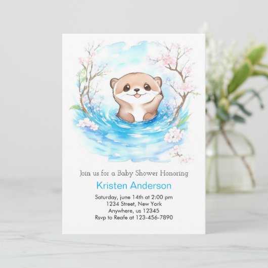 Whimsical Otter's Blue Oasis Baby Shower Einladung (Stehend Vorderseite)