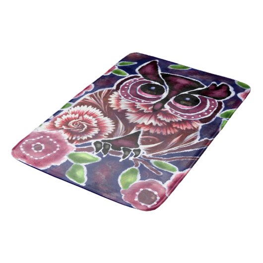 Whimsical Owl auf Blütenzweig Rosa Blau Badematte (Schrägansicht)