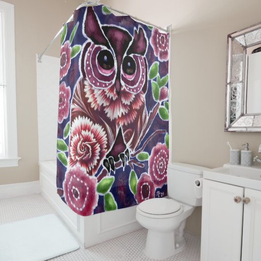 Whimsical Owl auf Blütenzweig Rosa Blau Duschvorhang (Beispiel)