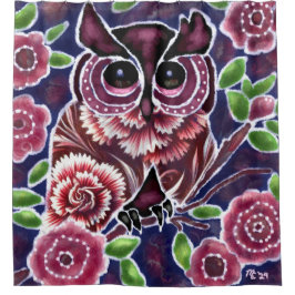Whimsical Owl auf Blütenzweig Rosa Blau Duschvorhang