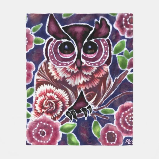 Whimsical Owl auf Blütenzweig Rosa Blau Fleecedecke (Vorderseite)
