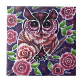 Whimsical Owl auf Blütenzweig Rosa Blau Fliese (Vorderseite)