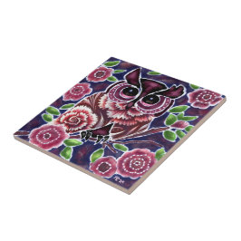 Whimsical Owl auf Blütenzweig Rosa Blau Fliese
