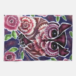 Whimsical Owl auf Blütenzweig Rosa Blau Geschirrtuch