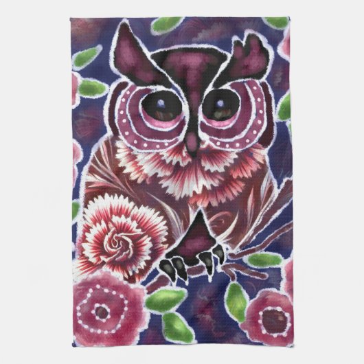 Whimsical Owl auf Blütenzweig Rosa Blau Geschirrtuch (Vertikal)