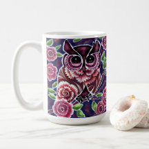 Whimsical Owl auf Blütenzweig Rosa Blau