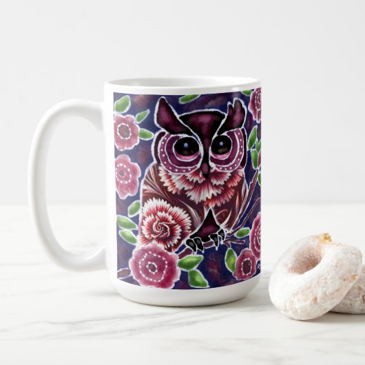 Whimsical Owl auf Blütenzweig Rosa Blau Kaffeetasse (Mit Donut)