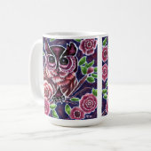 Whimsical Owl auf Blütenzweig Rosa Blau Kaffeetasse (Vorderseite Links)