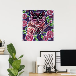 Whimsical Owl auf Blütenzweig Rosa Blau Poster