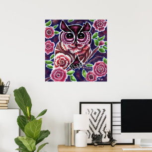 Whimsical Owl auf Blütenzweig Rosa Blau Poster