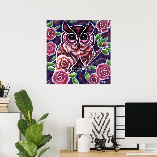 Whimsical Owl auf Blütenzweig Rosa Blau Poster (Heimbüro)