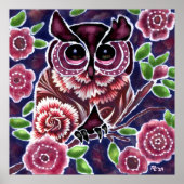 Whimsical Owl auf Blütenzweig Rosa Blau Poster (Vorne)