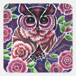 Whimsical Owl auf Blütenzweig Rosa Blau Quadratischer Aufkleber