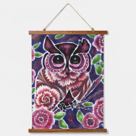 Whimsical Owl auf Blütenzweig Rosa Blau Wandteppich Mit Holzrahmen