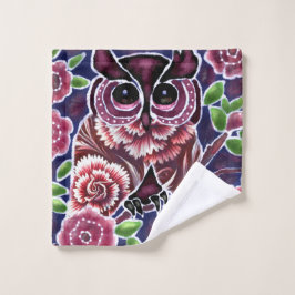 Whimsical Owl auf Blütenzweig Rosa Blau Waschlappen
