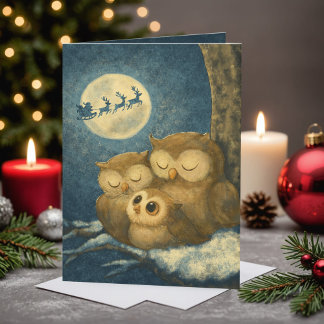 Whimsical Owl Family Christmas Cozy Winter Night Feiertagskarte