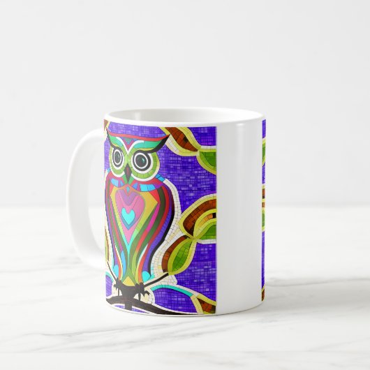 Whimsical Owl KI Kunst mit bunten Federn Kaffeetasse (Vorderseite Links)