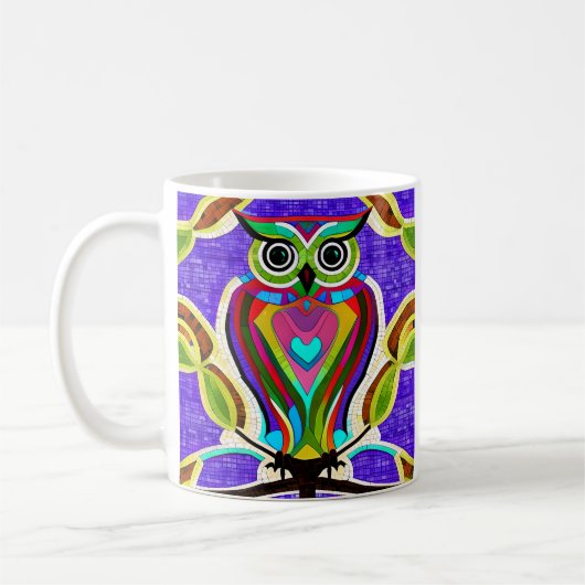 Whimsical Owl KI Kunst mit bunten Federn Kaffeetasse (Links)