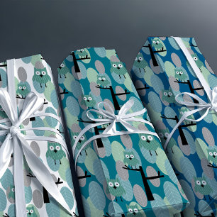 Whimsical Owl Modern Retro Woodland Aquamarin Blau Geschenkpapier Set