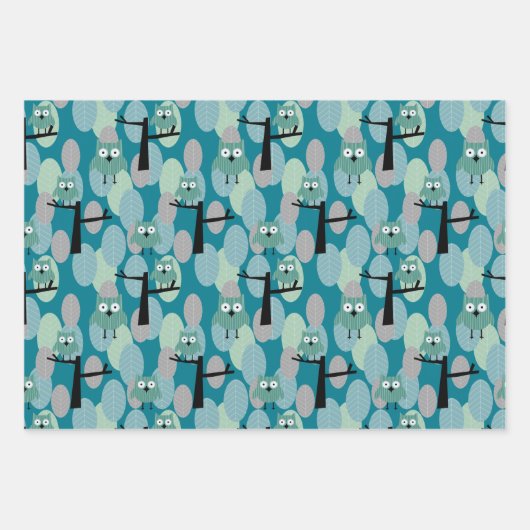 Whimsical Owl Modern Retro Woodland Aquamarin Blau Geschenkpapier Set (Vorderseite 2)