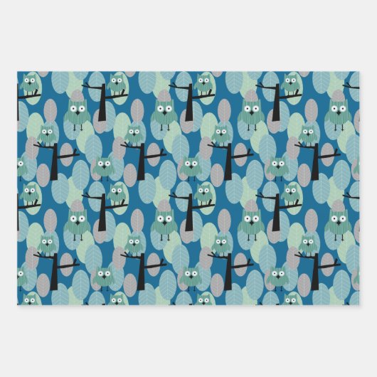 Whimsical Owl Modern Retro Woodland Aquamarin Blau Geschenkpapier Set (Vorderseite)