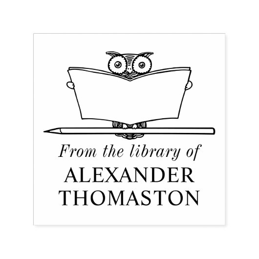 Whimsical Owl Reading Large Book Library Name Permastempel (Design)