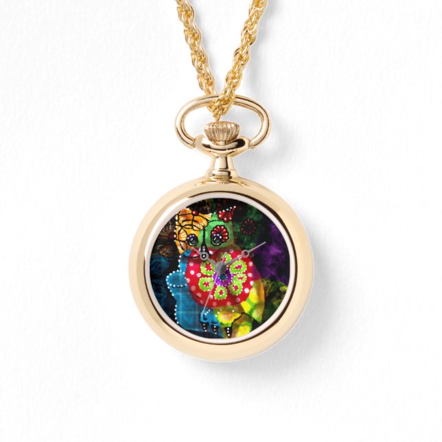 Whimsical Owl Talavera Style Green Blue Floral Armbanduhr (Vorderseite)