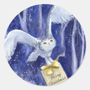 Whimsical Owl Weihnachten Blauviolett Wasserfarbe Runder Aufkleber
