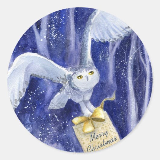 Whimsical Owl Weihnachten Blauviolett Wasserfarbe Runder Aufkleber (Vorderseite)