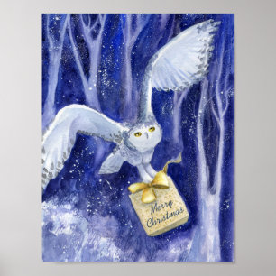 Whimsical Owl Weihnachten blauviolette Wasserfarbe Poster