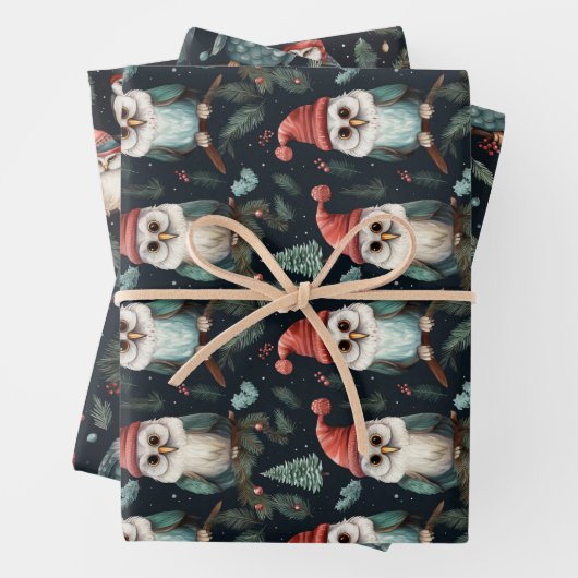 Whimsical Owl Weihnachtssternmuster Geschenkpapier Set (Beispiel)