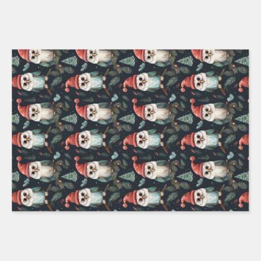Whimsical Owl Weihnachtssternmuster Geschenkpapier Set (Vorderseite)