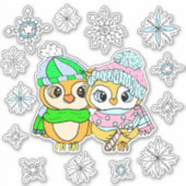 Whimsical Owls Couple und Snowflakes Aufkleber (Vorderseite)