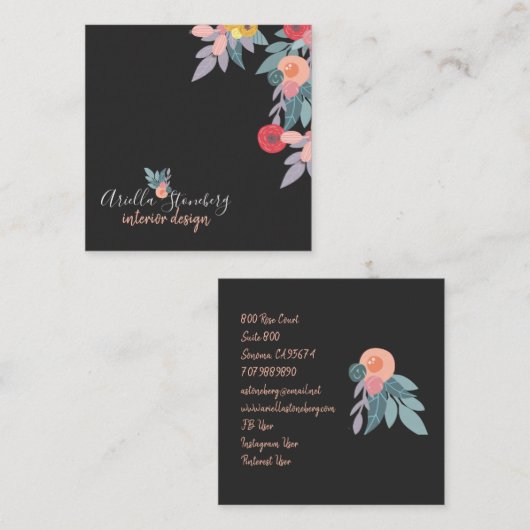 Whimsical Painted Bloom | Blütenschwarz Quadratische Visitenkarte (Vorne/Hinten)