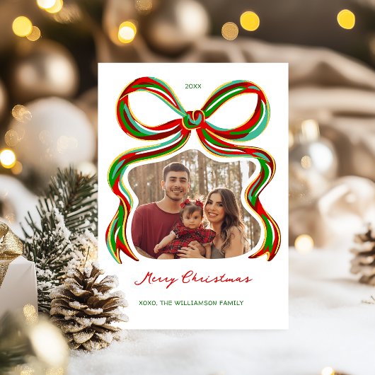 Whimsical Painted Bow Christmas Photo Card Einladung