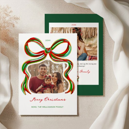 Whimsical Painted Bow Christmas Photo Card Einladung