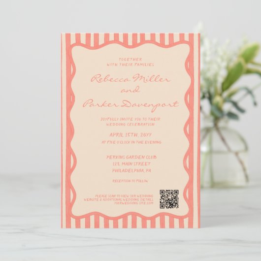 Whimsical Painted Pinstripes Wedding QR Code Einladung (Stehend Vorderseite)