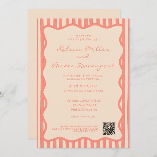 Whimsical Painted Pinstripes Wedding QR Code Einladung (Vorne/Hinten)