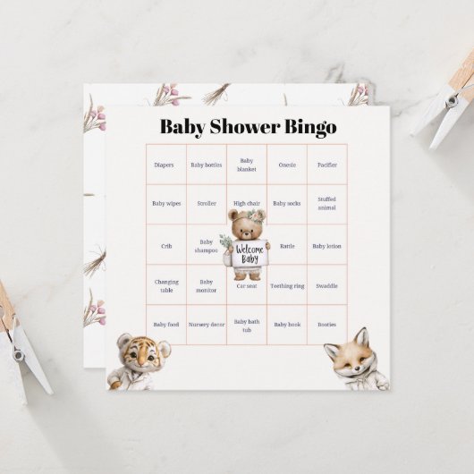 Whimsical Pajama Animals: Baby Shower Bingo Karte (Vorderseite/Rückseite Beispiel)