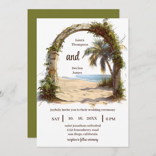 Whimsical Palm Tree Tropical Boho Beach Wedding Einladung (Vorne/Hinten)