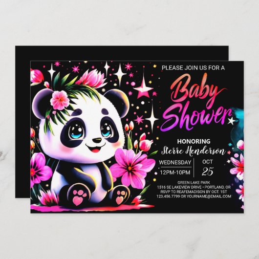 Whimsical Panda Enchantment Girl Baby Dusche Einladung (Vorne/Hinten)