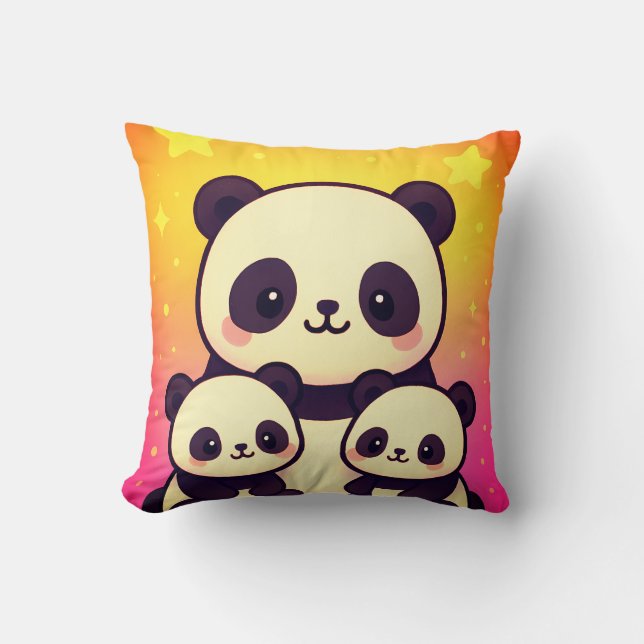 Whimsical Panda Trio in Gradient Dreamscape Kissen (Vorderseite)
