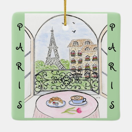 Whimsical Paris and Eiffel Tower French Keramikornament (Rückseite)