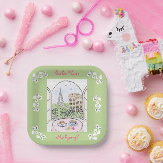 Whimsical Paris and Eiffel Tower Parley MAHJONG Pappteller (Party)