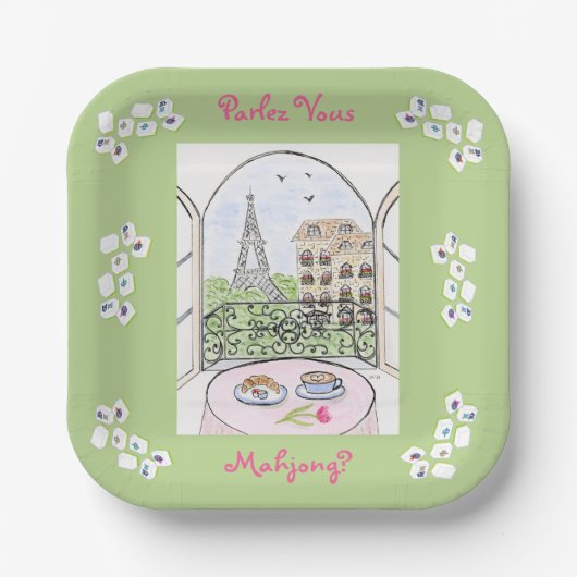 Whimsical Paris and Eiffel Tower Parley MAHJONG Pappteller (Vorderseite)
