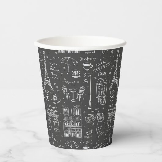Whimsical Paris Doodles Pattern Pappbecher (Vorderseite)