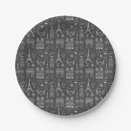 Whimsical Paris Doodles Pattern Pappteller (Vorderseite)